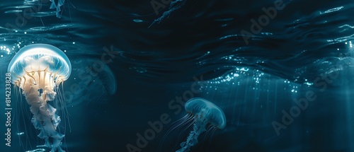 Visualize a serene underwater scene with a lone jellyfish floating in a sea of navy, illuminated by a beam of sunlight from an unconventional top-down perspective