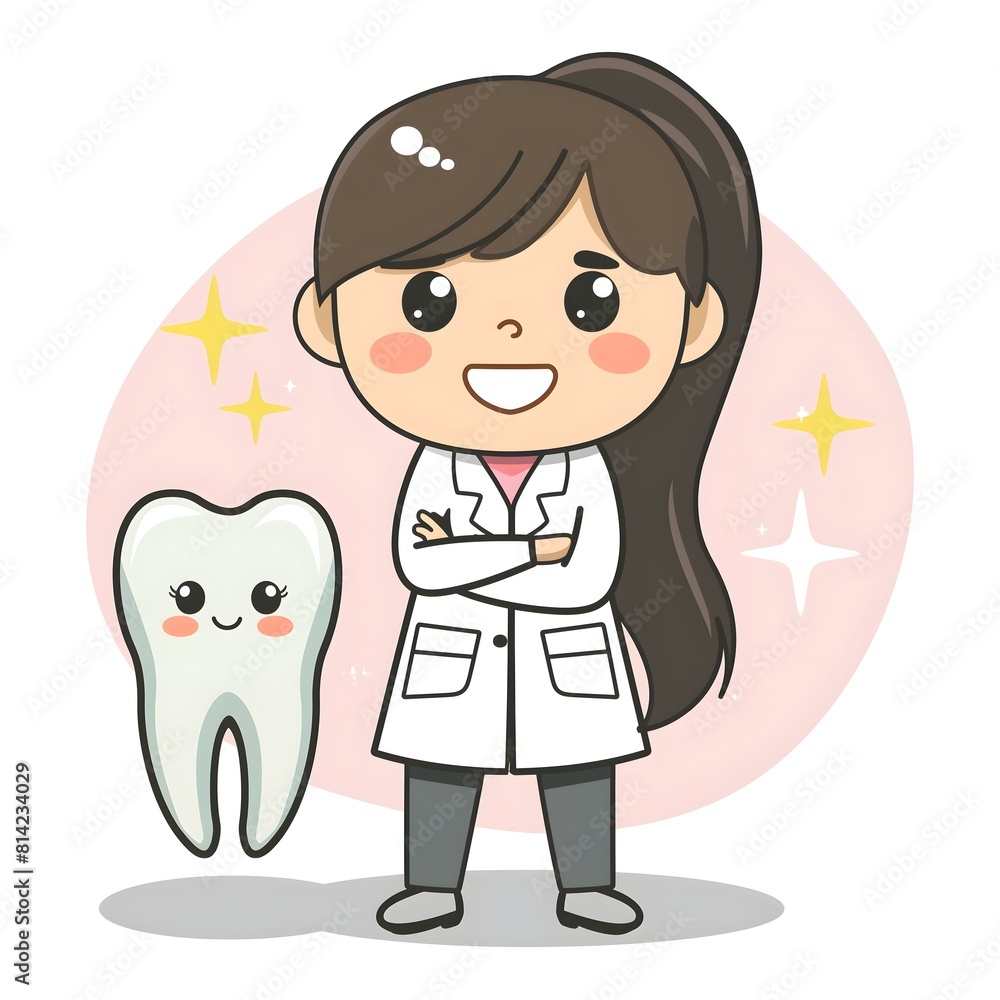 Charming Female Dentist Cartoon with Cute Smiling Tooth, Ideal for Children's Dental Care Educational Content and Healthcare Marketing Charming Female Dentist Cartoon with Cute Smiling Tooth, Ideal for Children's Dental Care Educational Content and Healthcare Marketing