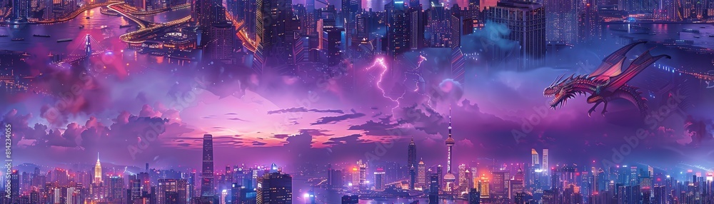 Obraz premium Capture a majestic dragon perched atop a skyscraper at dusk, with vibrant city lights below and a dramatic skyline backdrop using HDR and light painting techniques