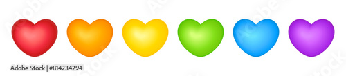 3D rainbow love hearts for decoration in LGBT colors - red, orange, yellow, green, blue and purple. Set of isolated vector design elements