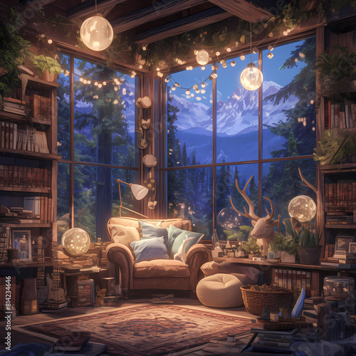 Discover a tranquil escape in this idyllic mountain setting. Relax and immerse yourself in literature while basking in the warmth of your reading nook  surrounded by serene wilderness views.