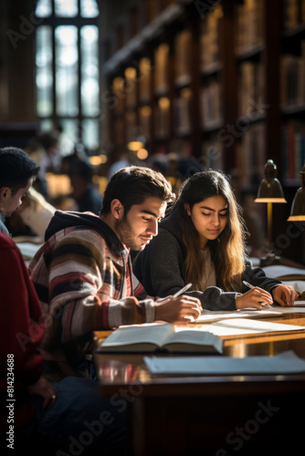 Two focused diverse students collaborate on their studies in a library