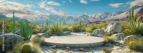 Sunny day  cactus garden with desert mountains in the background  circular stone podium surrounded by large rocks and plants  cacti  desert landscape  photorealistic rendering  natural lighting