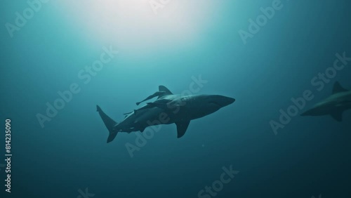 Oceanic blacktip sharks Carcharhinus limbatus and remora swimming near the surface on the Protea Banks reef in the Indian Ocean off east coast of South Africa. Amazing wildlife nature, marine life. photo