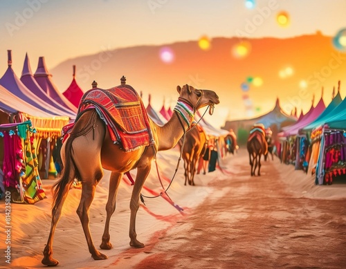 Many tents with tents and camels walking down the street. Travel background  photo