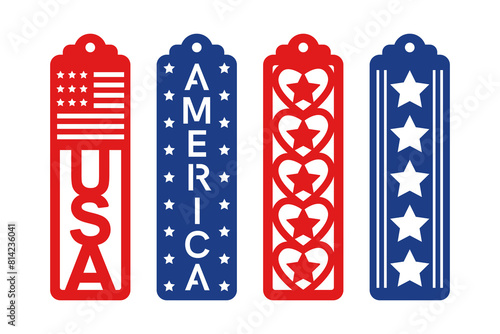 Set of vertical bookmarks with patriotic 4th of July pattern with stars. Laser cut template. Decorative bookmark stencil for paper, wood and metal cutting. Vector design.