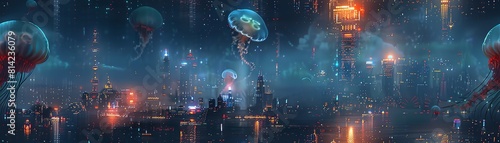 Create a surreal underwater scene defining gravity! Showcase a giant jellyfish floating above a submerged city Utilize phosphorescent hues to illuminate the city photo