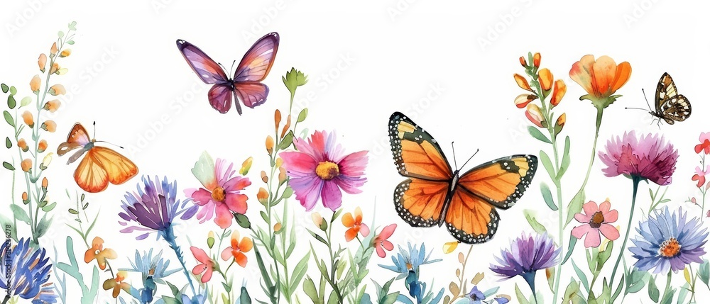 A set of watercolor drawings of various butterflies amidst wildflowers, depicting the beauty and importance of pollinators, clipart isolated on white A set of watercolor drawings of various butterflies amidst wildflowers, depicting the beauty and importance of pollinators, clipart isolated on white