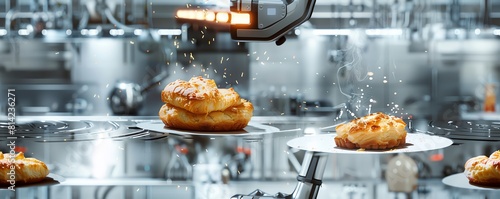 Explore the intricate fusion of a sizzling, golden pastry being precisely crafted by robotic arms in a gleaming kitchen of tomorrow