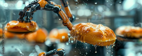 Explore the intricate fusion of a sizzling, golden pastry being precisely crafted by robotic arms in a gleaming kitchen of tomorrow