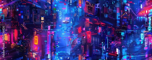 Illustrate a futuristic cyberpunk alley from a rear perspective