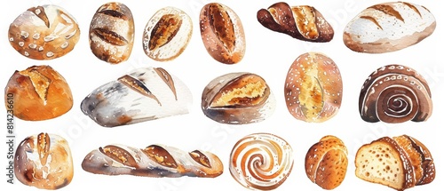 A set of watercolor of different bread types, from rustic sourdough to delicate brioche, painted with fine, appetizing details Clipart isolated with a white background