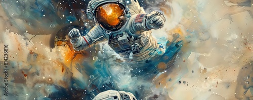 Translate the extraordinary sight of an astronaut exploring an underwater universe into a dynamic piece of traditional art Incorporate intricate watercolor details to capture the m