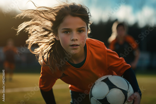 Excited young girl playing soccer on a sunny field