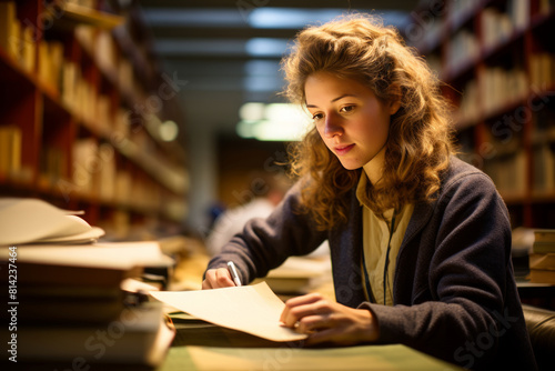 Focused young woman conducting research in university archive with warm lighting in a library