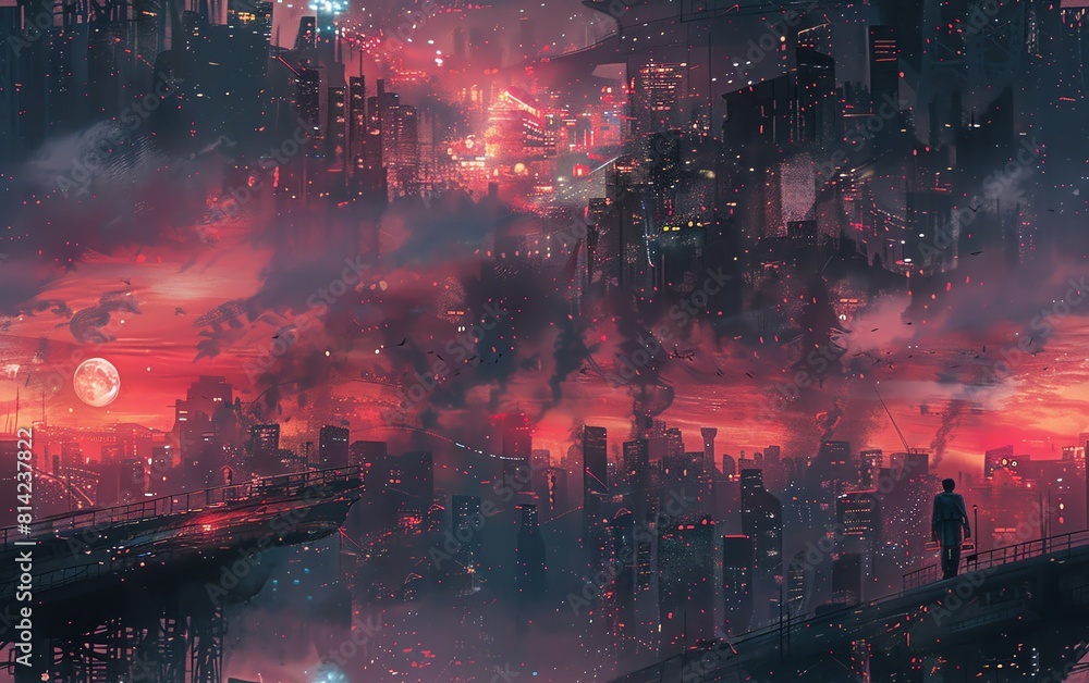 Craft a visually striking portrayal of a cyberpunk metropolis from an unconventional worms-eye viewpoint Integrate elements of magical realism such as shimmering watercolor skies j