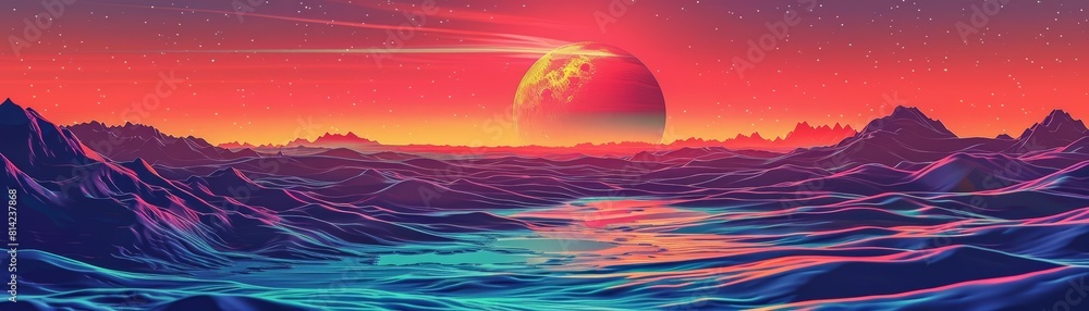 Amazing landscape view of an expansive steppe, painted in retro colors, transforming into a vivid synthwave color illustration template Amazing landscape view of an expansive steppe, painted in retro colors, transforming into a vivid synthwave color illustration template