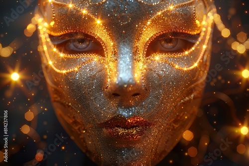 Golden carnival mask with glitter  3d render illustration.