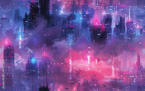 Craft a visually striking portrayal of a cyberpunk metropolis from an unconventional worms-eye viewpoint Integrate elements of magical realism such as shimmering watercolor skies j