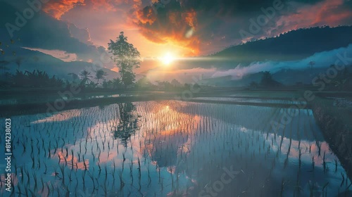 beautiful view of the rice fields when the sun rises. seamless looping time-lapse virtual 4K video Animation Background. photo