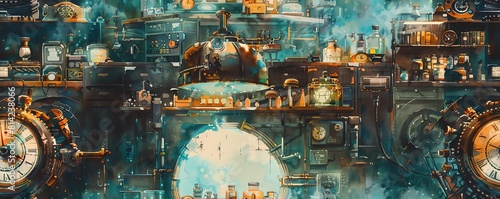 Design an intricate watercolor painting unveiling a steampunk-inspired laboratory where a time-traveling scientist meets their past self Use skewed perspectives to immerse viewers 