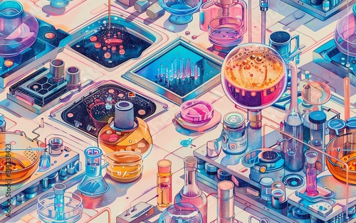 Illustrate a birds eye view of a culinary laboratory blending futuristic tech and gastronomy Emphasize DNA-based recipes