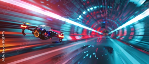 Closeup of a neondrenched drone racing through a futuristic tunnel, with motion blur and cyberpunk color aesthetics, sharpen banner with copy space, hitech hologram concept