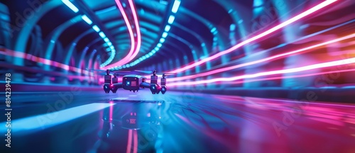 Closeup of a neondrenched drone racing through a futuristic tunnel, with motion blur and cyberpunk color aesthetics, sharpen banner with copy space, hitech hologram concept photo