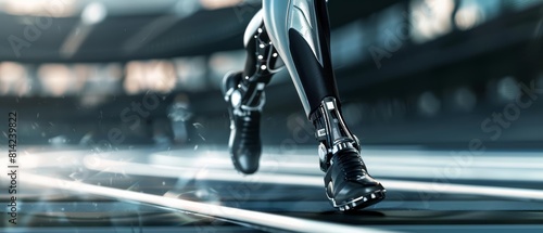 Closeup of an athlete with cybernetic prosthetic limbs sprinting on a digitally enhanced track photo