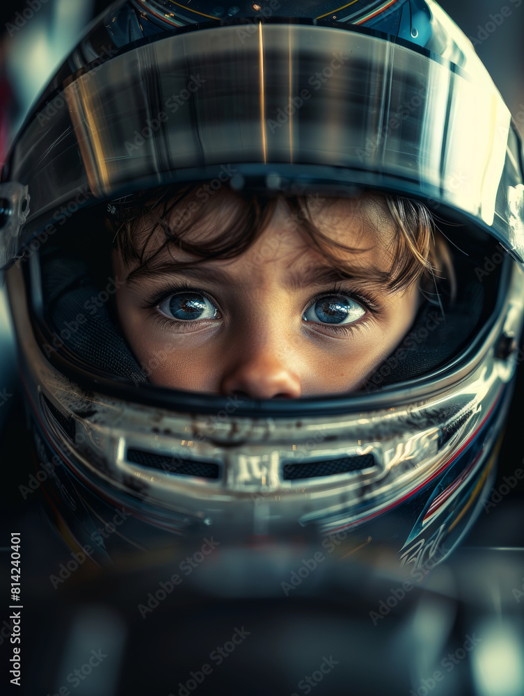 Curious child peers from a racing helmet, eager eyes filled with the anticipation of speed. Curious child peers from a racing helmet, eager eyes filled with the anticipation of speed.