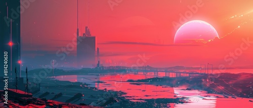 Futuristic landscape view of a hyperdetailed delta, featuring cyberpunk 80s color, captured in a minimal style banner template photo
