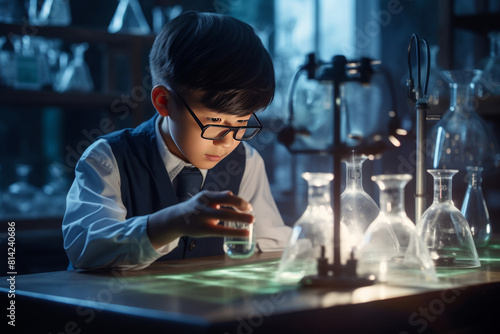 Focused young researcher investigates chemical reactions amidst lab glassware and rising vapor