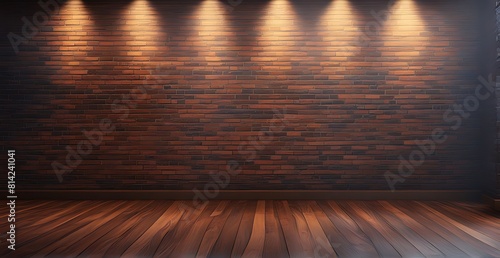  empty room with wooden floor with spotlight on brick wall background