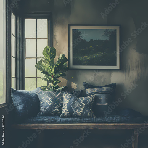 Discover the Charm of Rustic Living with this Captivating Image Featuring a Plush Blue Bench Adorned with a Fiddle Leaf Fig Plant in a Tranquil Setting