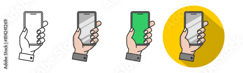 An illustration of hands holding a cellphone, customizable as an EPS vector file. It's isolated on a transparent white background and suitable for logos, signs, icons, and symbols. Free to use.
