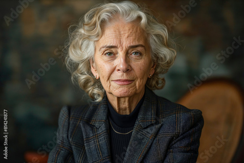 Older woman sitting in chair in blurred rich interior, for marketing campaign and ads