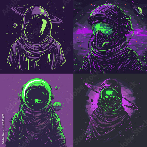 Futuristic neon astronaut illustrations with sci-fi vibes in purple and green tones. Space-themed cyberpunk artwork featuring helmets, galaxies, and mysterious cosmic atmospheres.