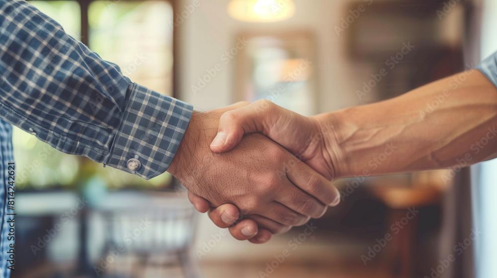 Fototapeta premium Two Men Shaking Hands in Front of a House