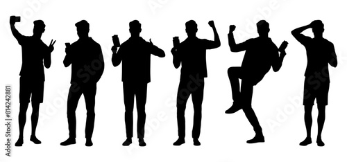Silhouette of young man tourist with smartphone. Male in casual clothes with a suitcase and tickets. Young male traveler goes on a journey. Vector illustration set isolated on white