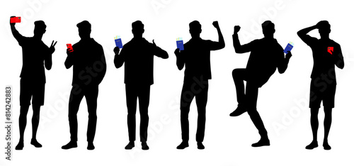 Silhouette of young man tourist with smartphone. Male in casual clothes with a suitcase and tickets. Young male traveler goes on a journey. Vector illustration set isolated on white