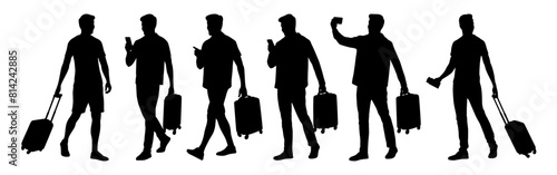 Silhouette of young man tourist with smartphone. Male in casual clothes with a suitcase and tickets. Young male traveler goes on a journey. Vector illustration set isolated on white