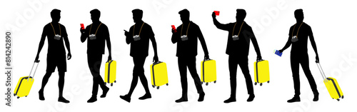 Silhouette of young man tourist with camera and smartphone. Male in casual clothes with a suitcase and tickets. Young male traveler goes on a journey. Vector illustration set isolated on white