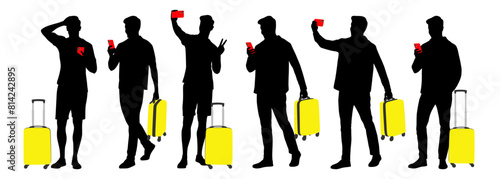 Silhouette of young man tourist with smartphone. Male in casual clothes with a suitcase and tickets. Young male traveler goes on a journey. Vector illustration set isolated on white