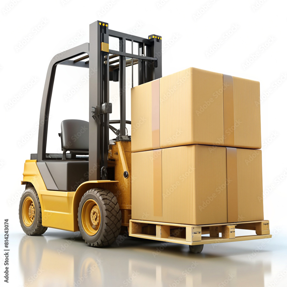 A forklift carrying a pallet with boxes on it.