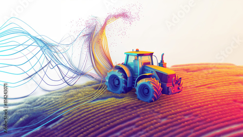 Agritech concept in colorful dynamic waves, Surreal tractor in data field for modern agriculture technology and farming