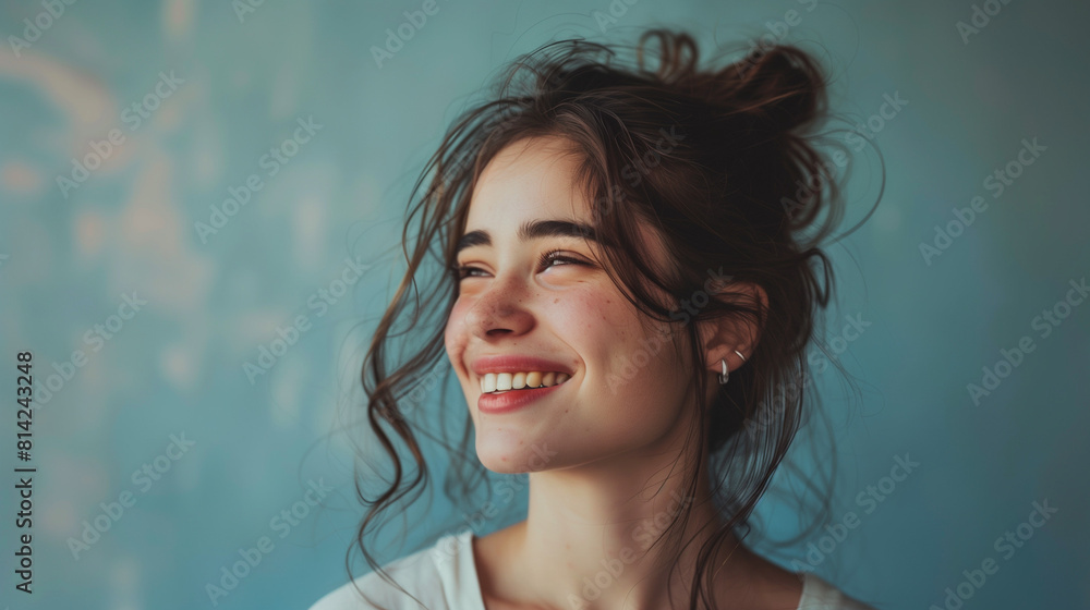 Young Woman Smiling in Front of Blue Wall Young Woman Smiling in Front of Blue Wall