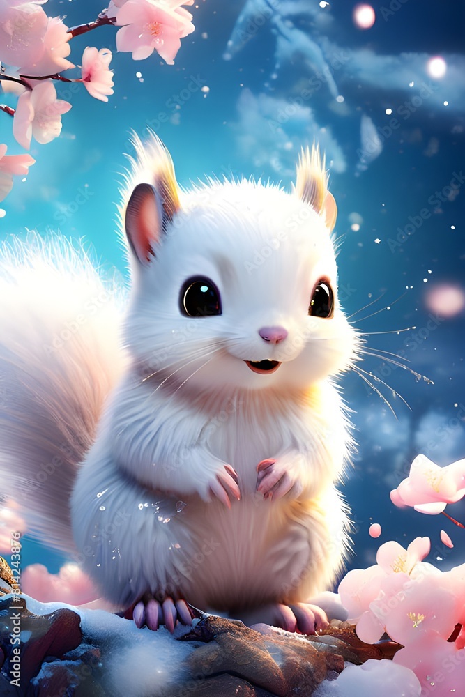 AI Generates Realistic 3D Illustration Of White Squirrel Sitting Under A Cherry Tree Covered In Fluffy Snow On A Glacier. AI Generates Realistic 3D Illustration Of White Squirrel Sitting Under A Cherry Tree Covered In Fluffy Snow On A Glacier.