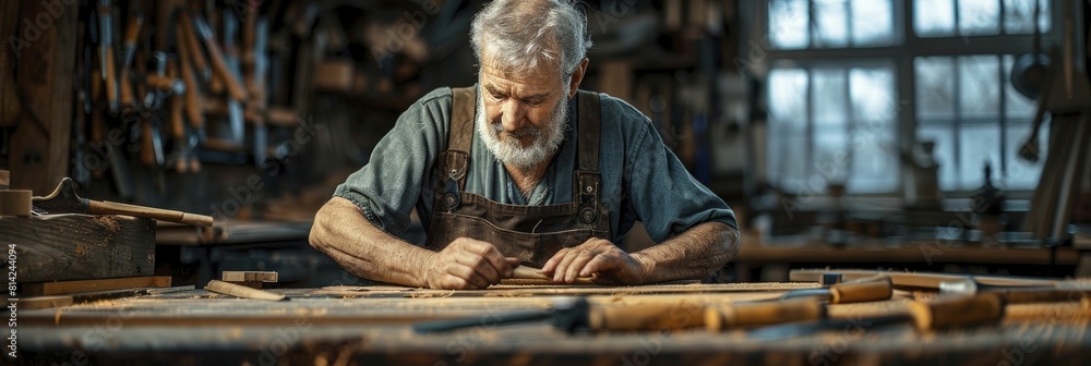 Artisan focused on carving at a rustic workbench, blurred tools in the background, narrative of heritage and manual craftsmanship. Artisan focused on carving at a rustic workbench, blurred tools in the background, narrative of heritage and manual craftsmanship.
