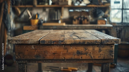 Explore the art of woodworking through the rugged texture of a wooden workbench with traditional tools subtly blurred in the background.