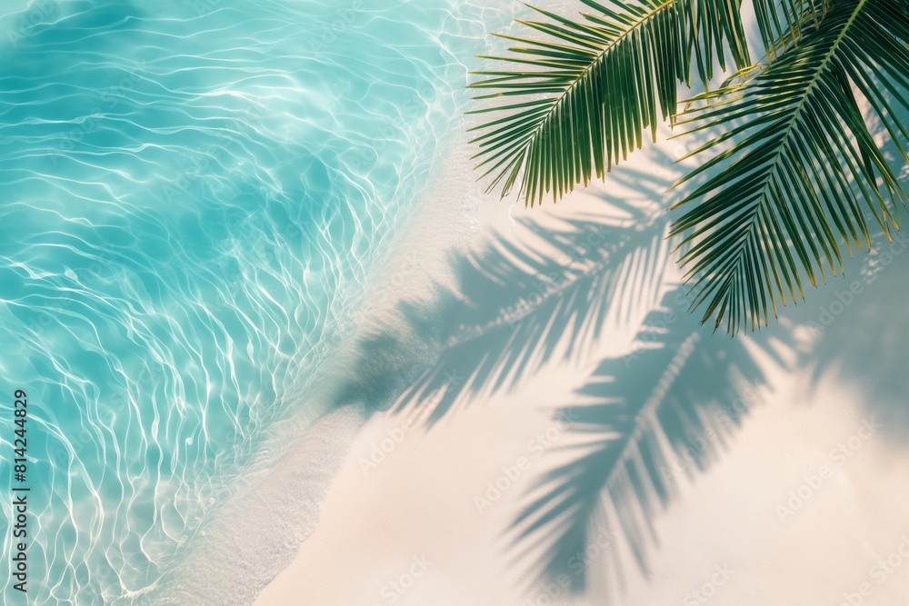 Aerial view of a tropical beach with crystal clear turquoise waters gently lapping against sandy shores, complemented by palm shadows and vibrant sea foam.